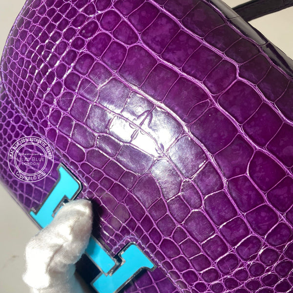 Hermes Constance 18cm Amethyst Shiny Croc PHW/Enamel - Preloved
