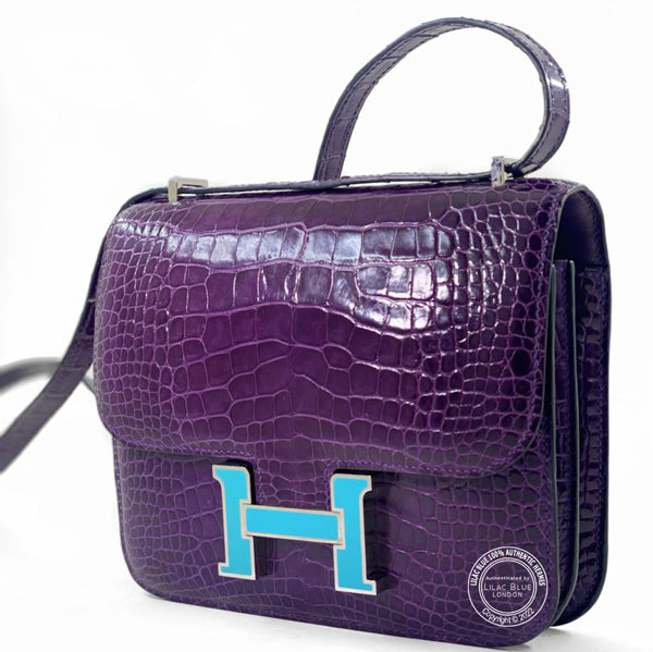 Hermes Constance 18cm Amethyst Shiny Croc PHW/Enamel - Preloved