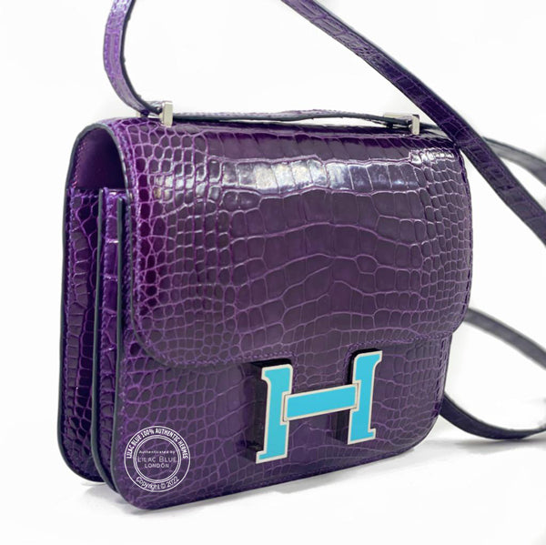 Hermes Constance 18cm Amethyst Shiny Croc PHW/Enamel - Preloved
