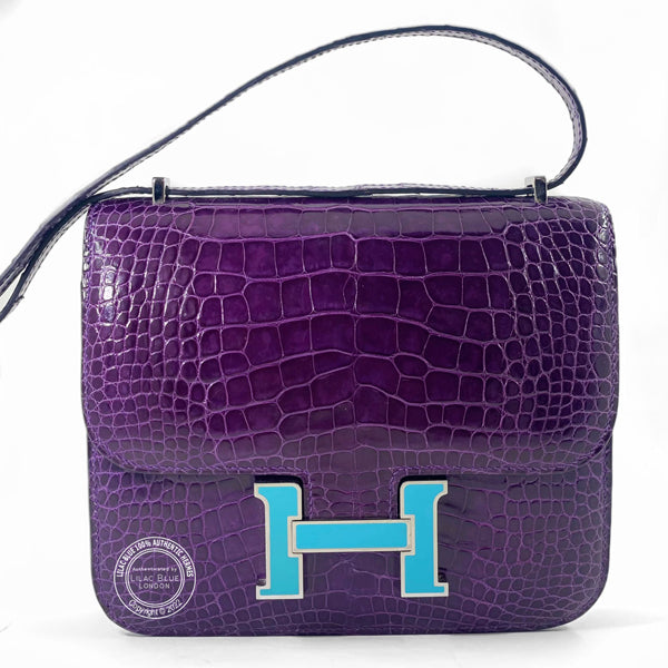 Hermes Constance 18cm Amethyst Shiny Croc PHW/Enamel - Preloved