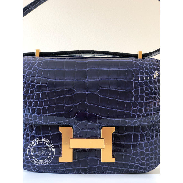 Hermès Constance 18cm Bleu Encre Shiny Croc GHW