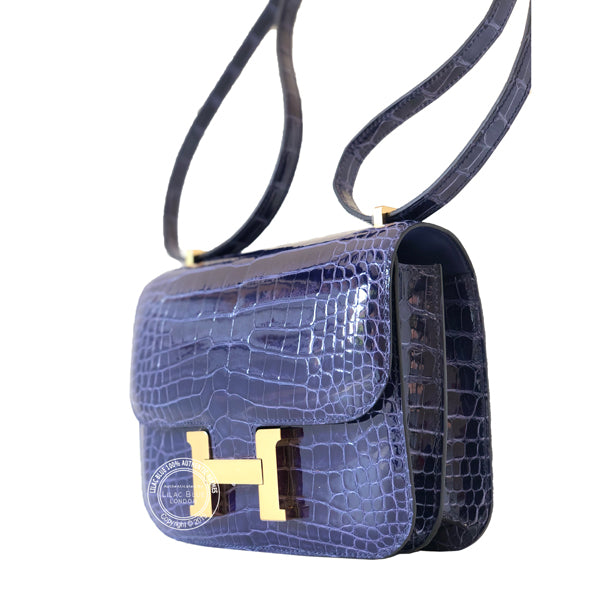 Hermès Constance 18cm Bleu Encre Shiny Croc GHW