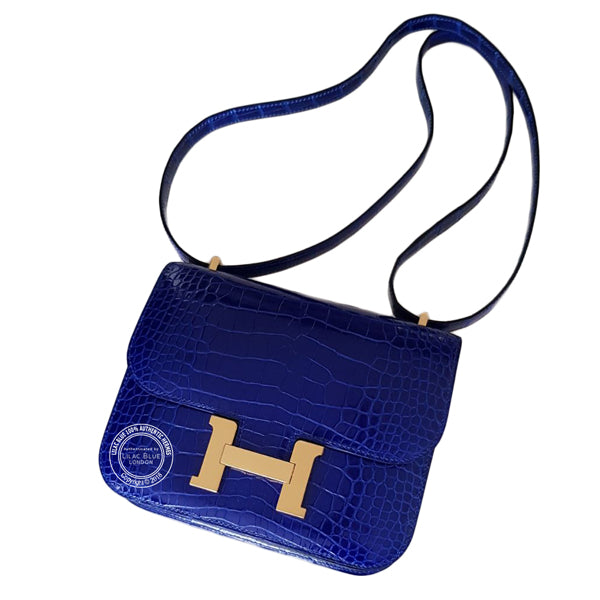 Hermès Constance 18cm Bleu Electrique Shiny Croc GHW