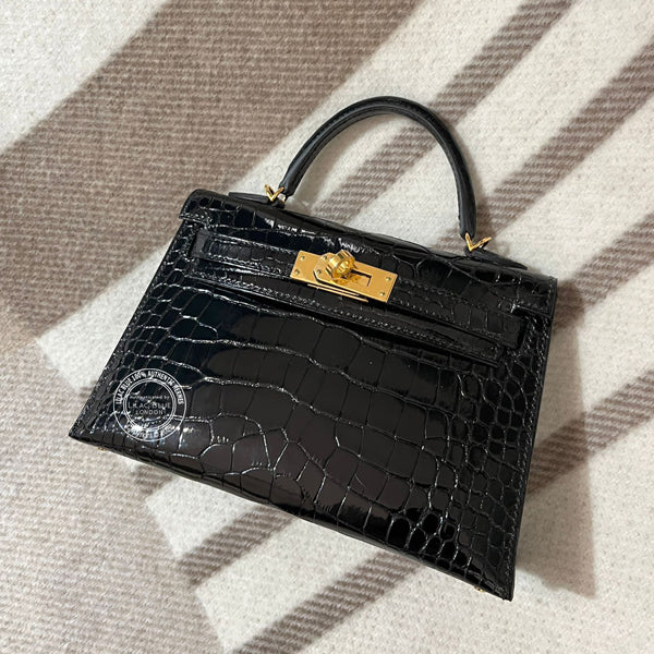 Hermès Kelly 20cm Black Shiny Croc GHW