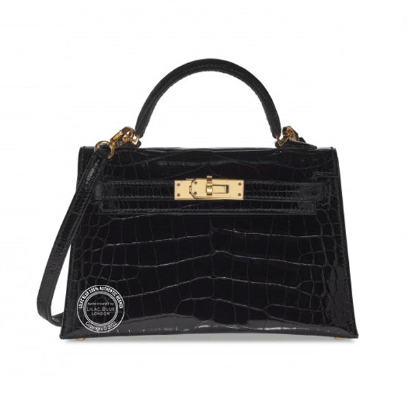 Hermès Kelly 20cm Black Shiny Croc GHW