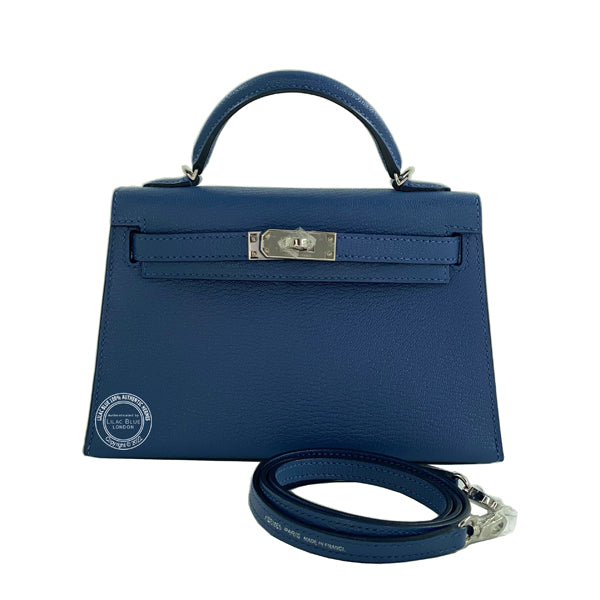 Hermès Kelly 20cm Bleu Brighton/Magnolia Verso Chevre PHW - As New