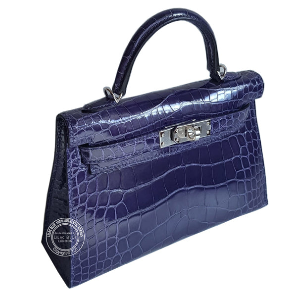 Hermès Kelly 20cm Bleu Encre Shiny Alligator PHW