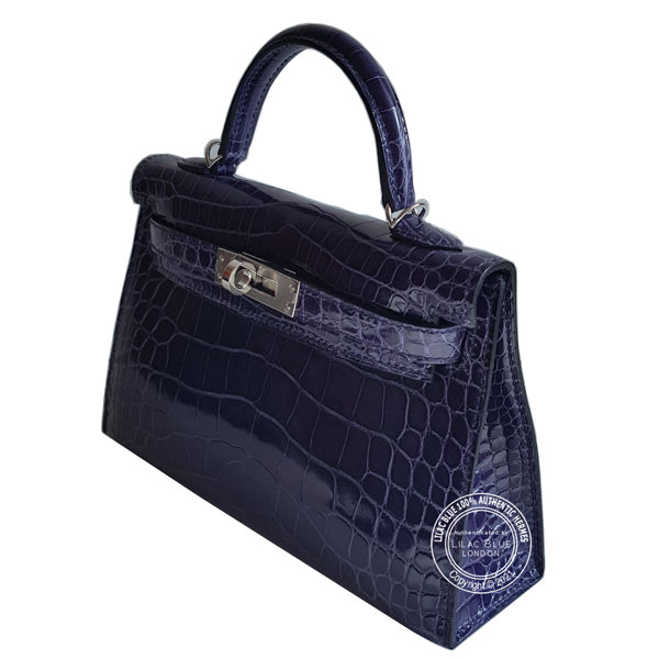 Hermès Kelly 20cm Bleu Encre Shiny Alligator PHW