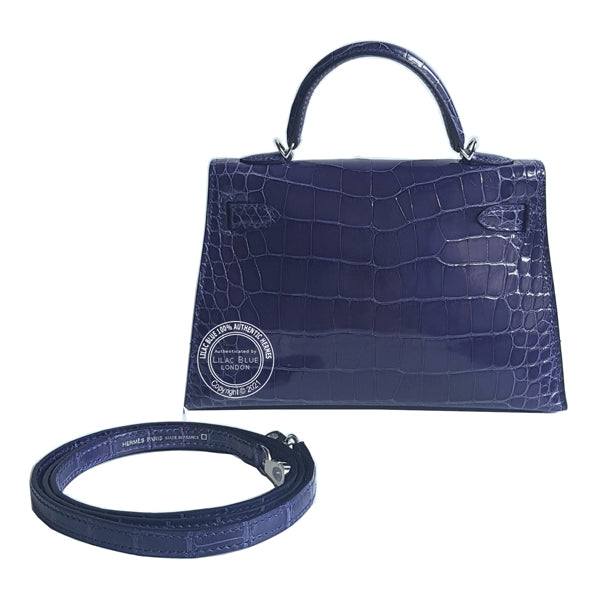 Hermès Kelly 20cm Bleu Encre Shiny Alligator PHW