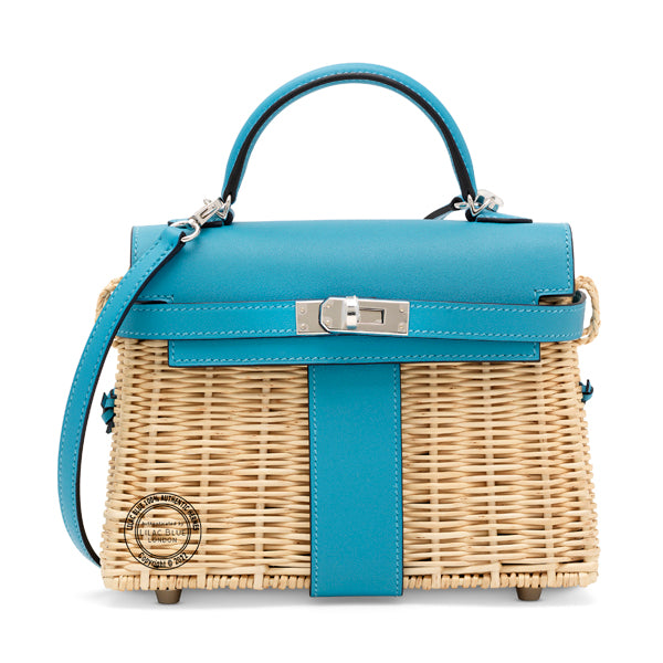 Hermès Kelly 20cm Bleu du Nord Swift/Osier PHW