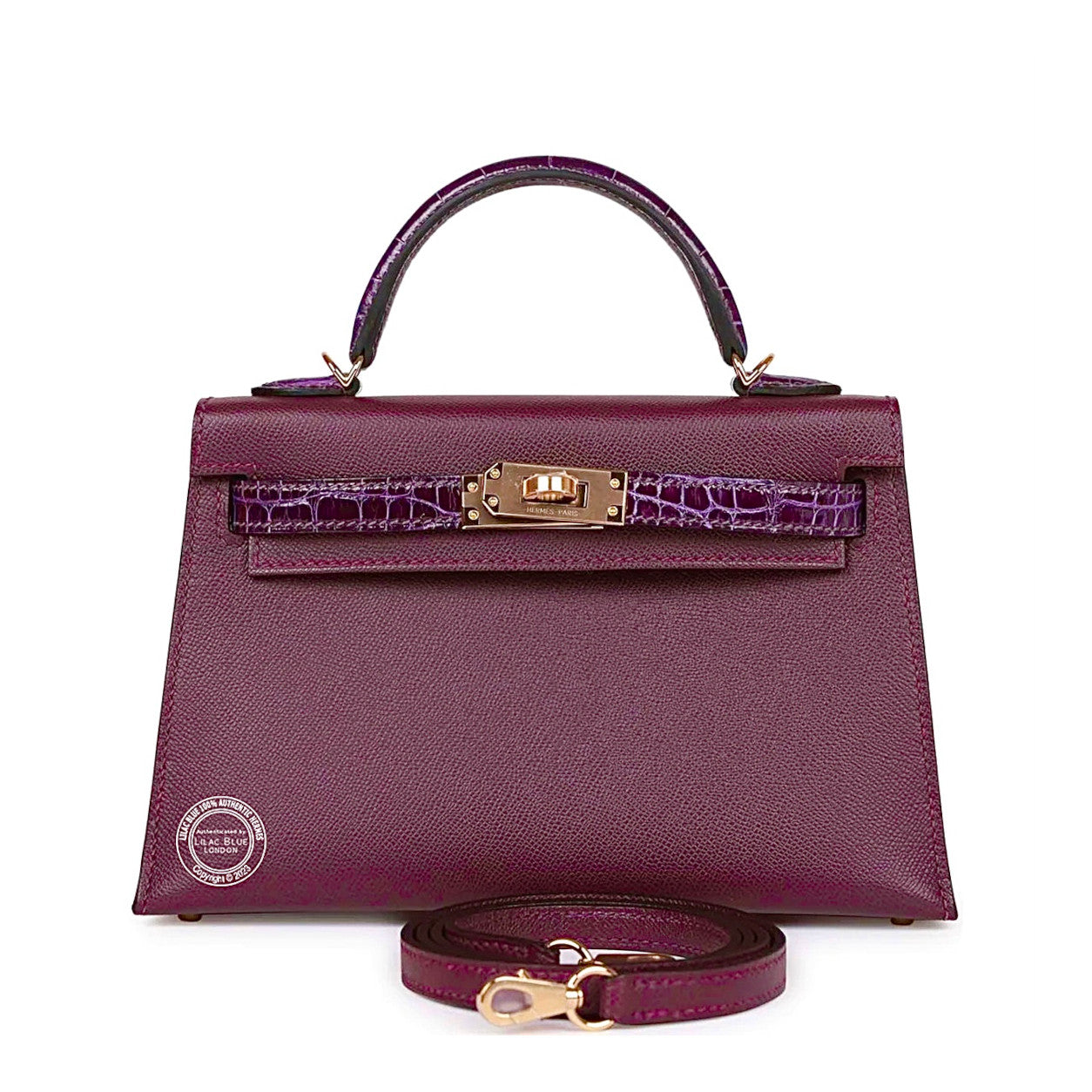 Hermès Kelly 20cm Touch Cassis/Amethyst Madam/Shiny Alligator PBHW