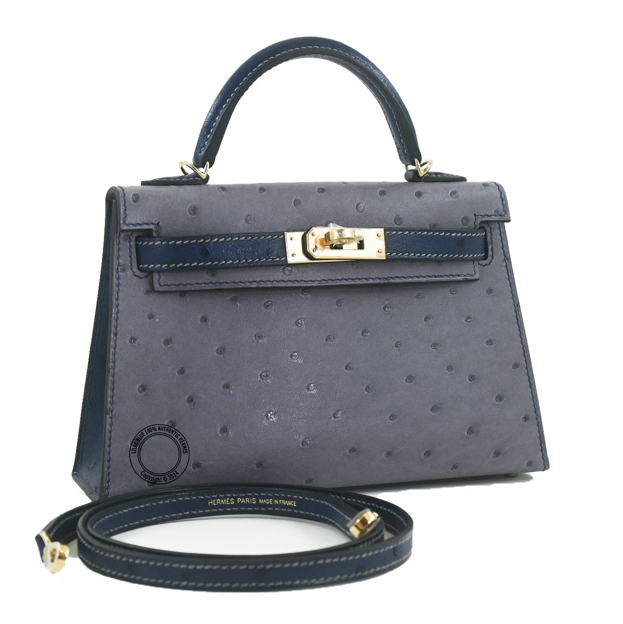 Hermès Kelly 20cm Gris Agate/Bleu Iris HSS Ostrich RGHW