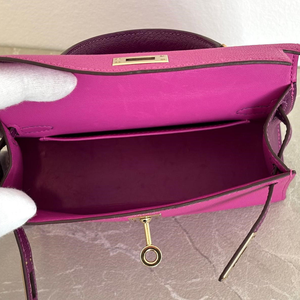 Hermès Kelly 20cm Magnolia/Cassis HSS Chevre PBHW