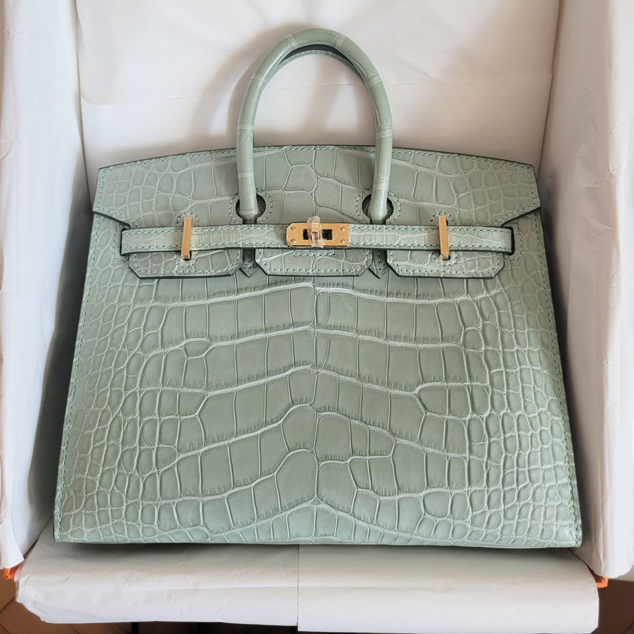 Hermès Birkin 20cm Sellier Vert d'Eau Matte Alligator GHW