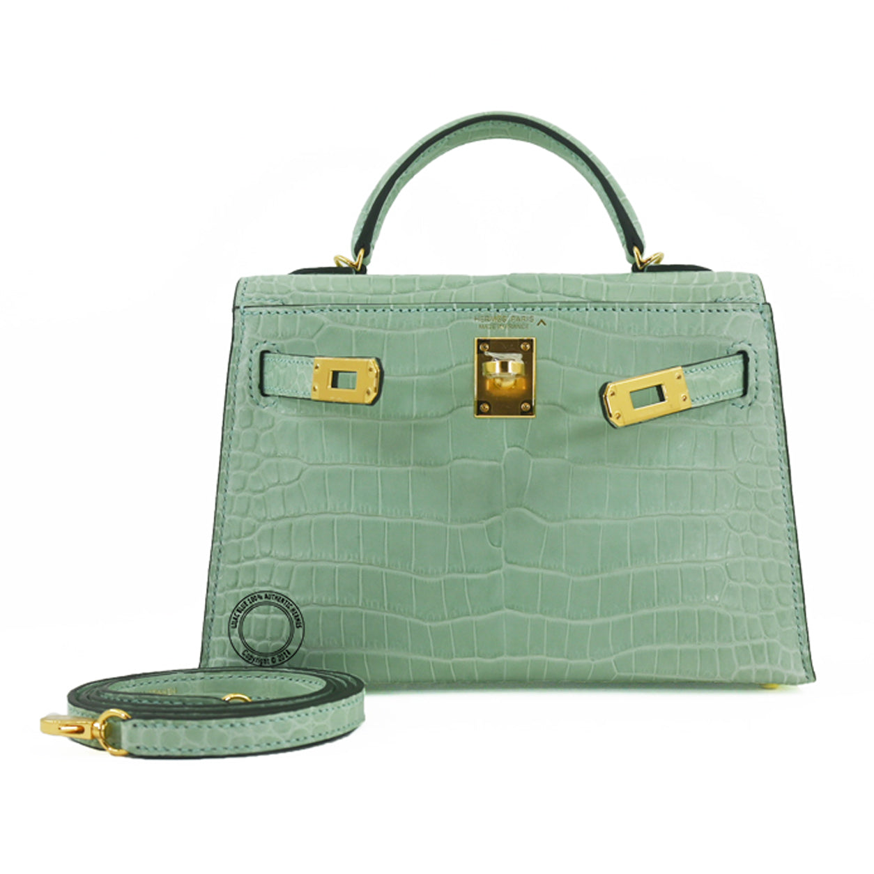 Hermès Kelly 20cm Vert d'Eau Matte Crocodile GHW
