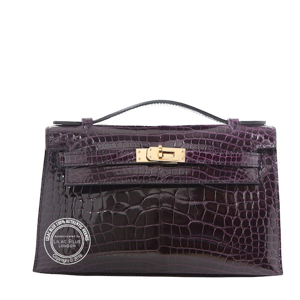 Hermès Kelly 22cm Aubergine Mini Pochette Shiny Croc GHW