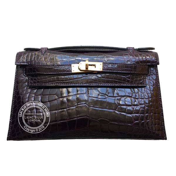Hermès Kelly 22cm Prunoir Mini Pochette Shiny Alligator GHW