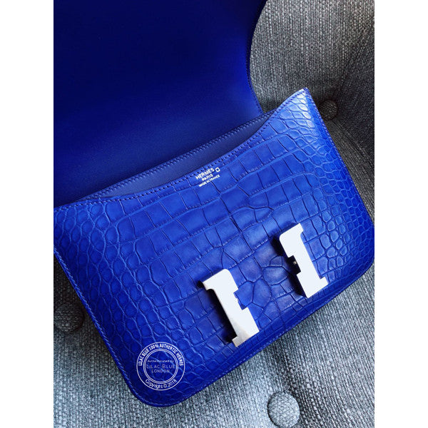 Hermès Constance 24cm Bleu Electrique Matte Croc PHW