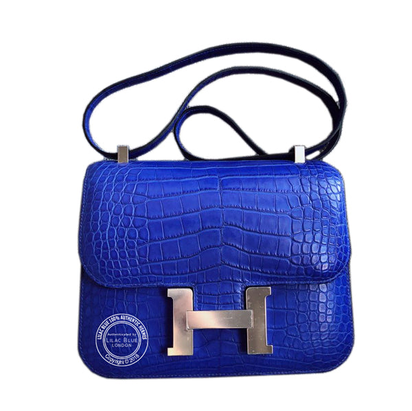 Hermès Constance 24cm Bleu Electrique Matte Croc PHW