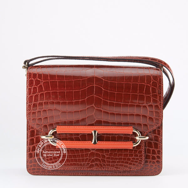 Hermès Roulis 23cm Rouge H Shiny Croc Permabrass