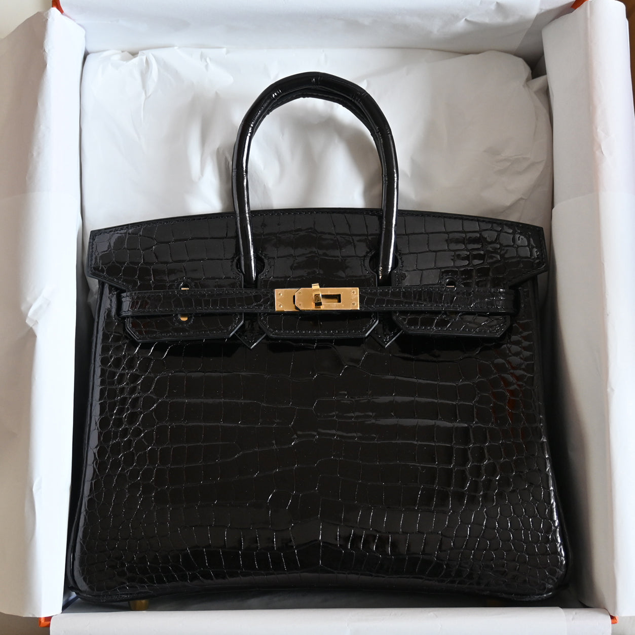 Hermes Birkin 25cm Black Shiny Croc GHW