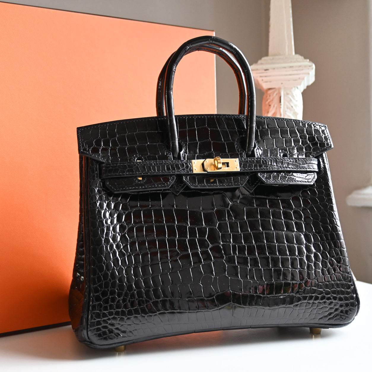 Hermes Birkin 25cm Black Shiny Croc GHW