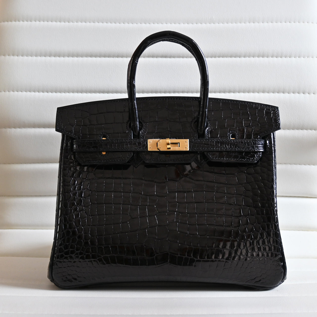 Hermes Birkin 25cm Black Shiny Croc GHW