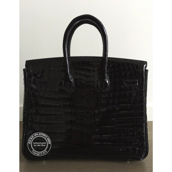 25cm Black Birkin. Shiny Croc, Palladium - Preloved