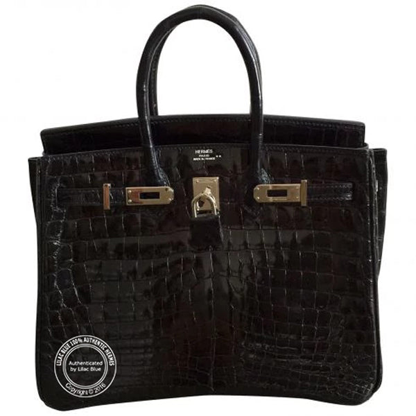 25cm Black Birkin. Shiny Croc, Palladium - Preloved