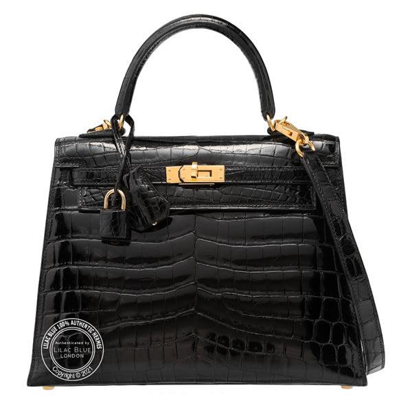 Hermès Kelly 25cm Black Shiny Croc GHW