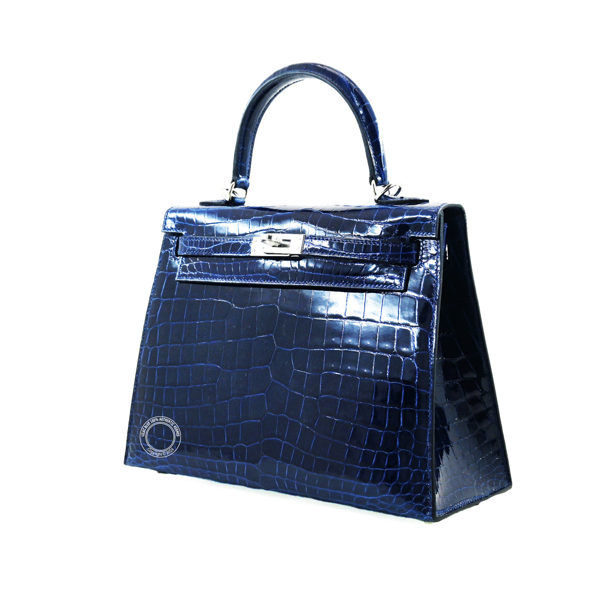 Hermès Kelly 25cm Bleu Saphir Shiny Croc PHW