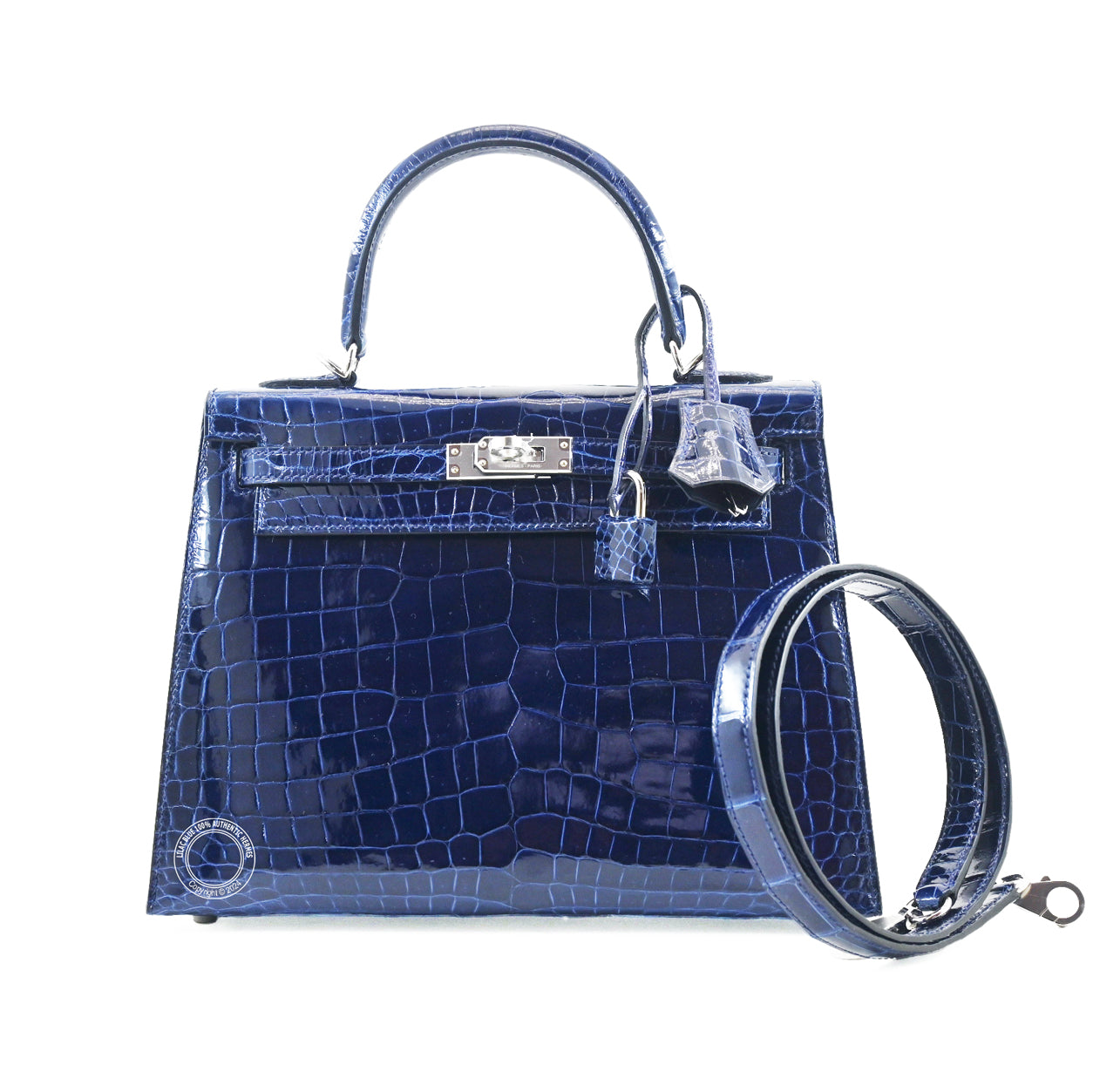 Hermès Kelly 25cm Bleu Saphir Shiny Croc PHW