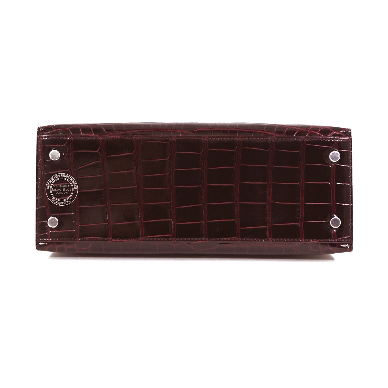 Hermès Kelly 25cm Bordeaux Shiny Porosus PHW