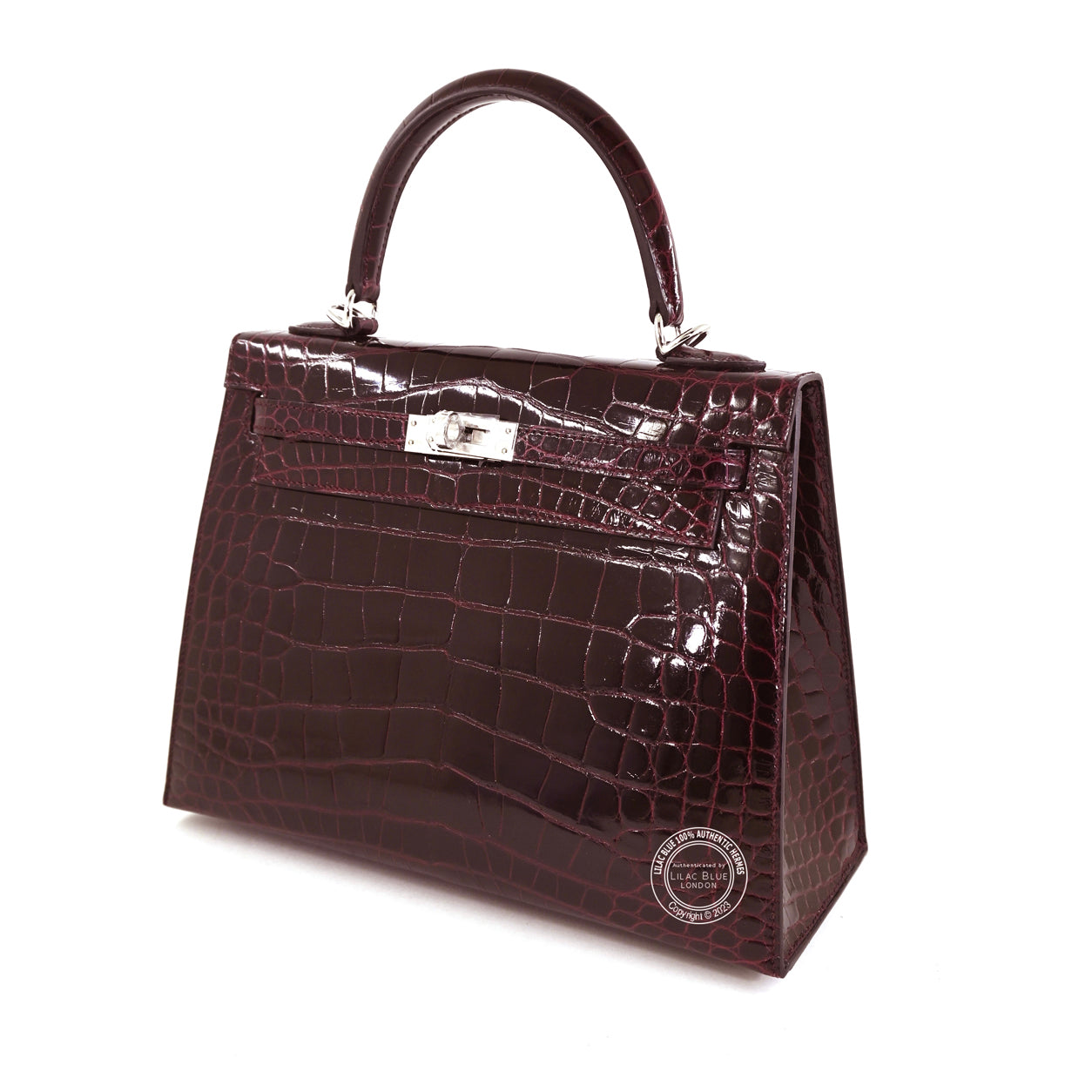 Hermès Kelly 25cm Bordeaux Shiny Porosus PHW