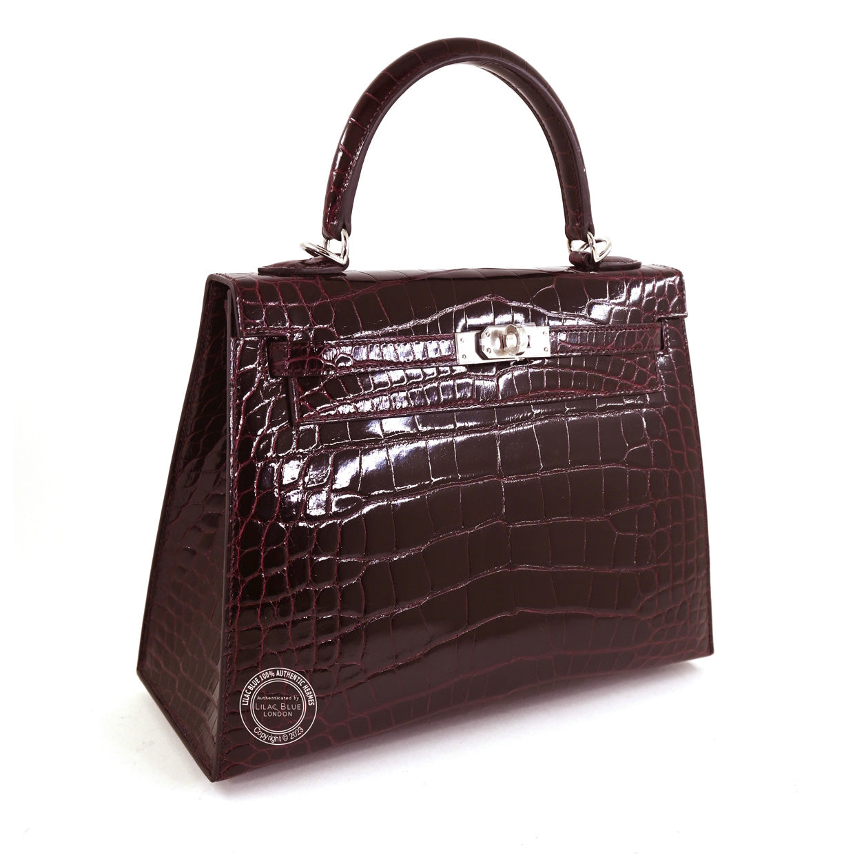 Hermès Kelly 25cm Bordeaux Shiny Porosus PHW