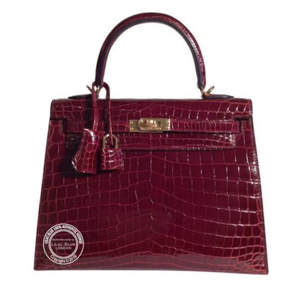 Hermès Kelly 25cm Bourgogne Shiny Croc GHW