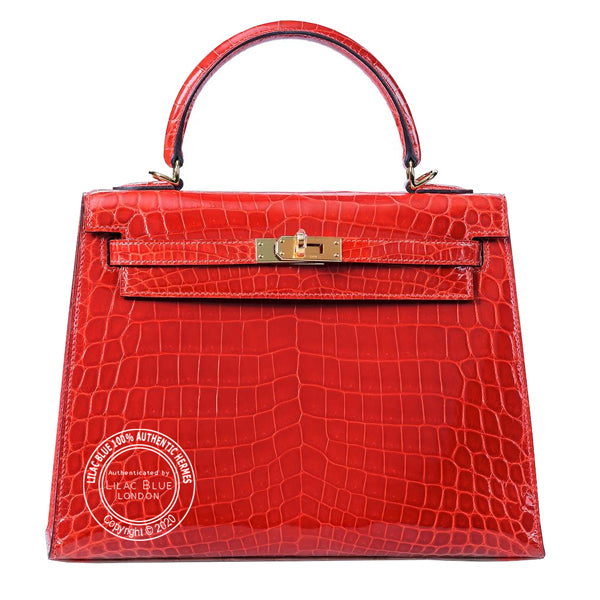 Hermès Kelly 25cm Geranium Shiny Alligator GHW