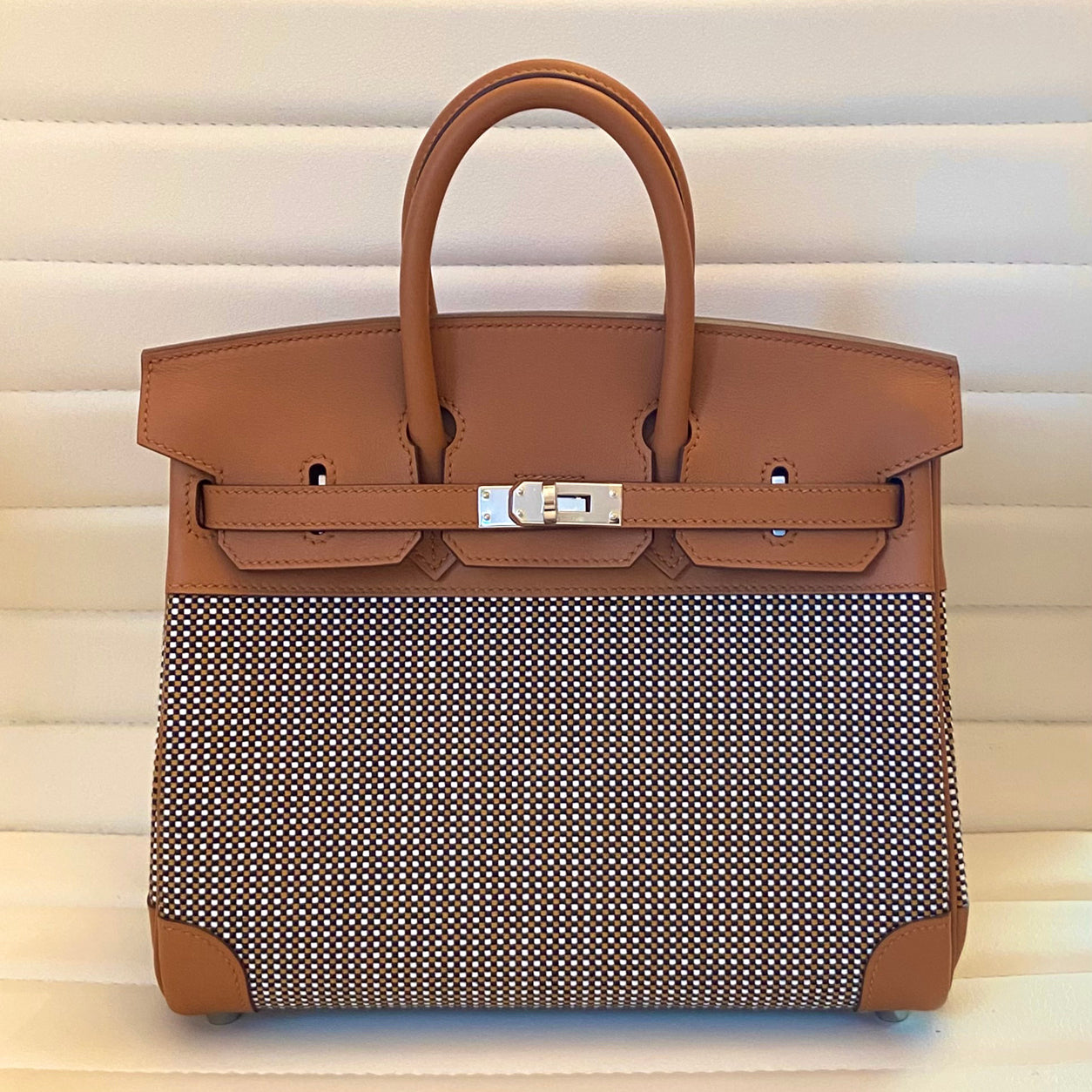 Hermès Birkin 25cm Gold Toile Quadrille/Swift PHW
