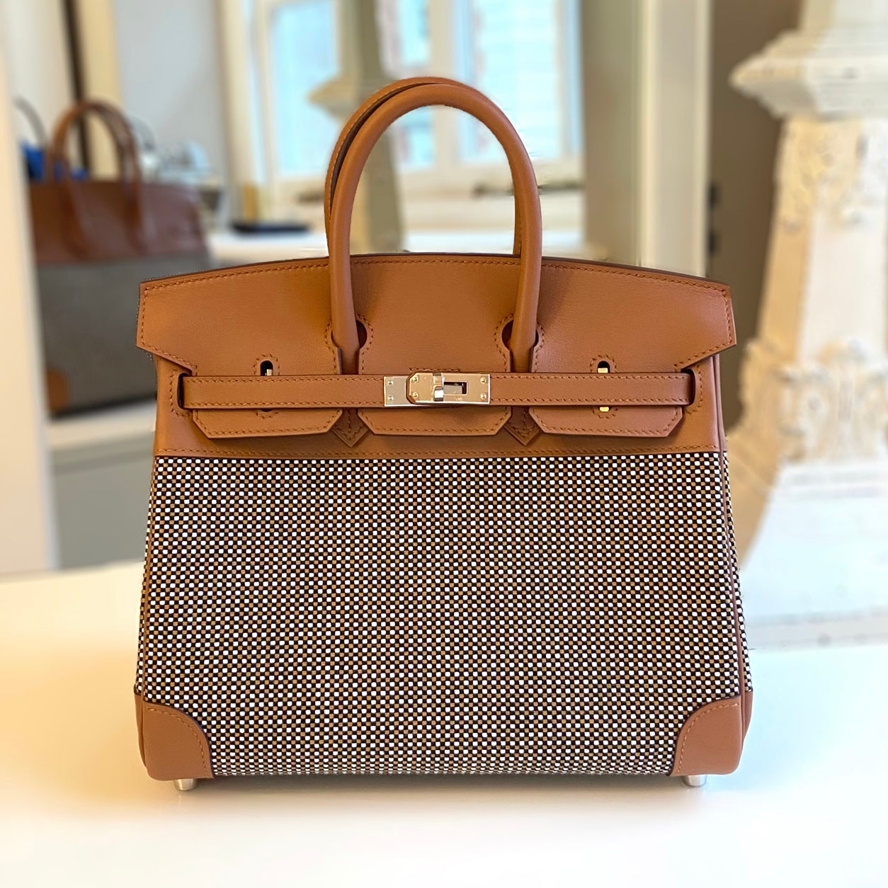 Hermès Birkin 25cm Gold Toile Quadrille/Swift PHW
