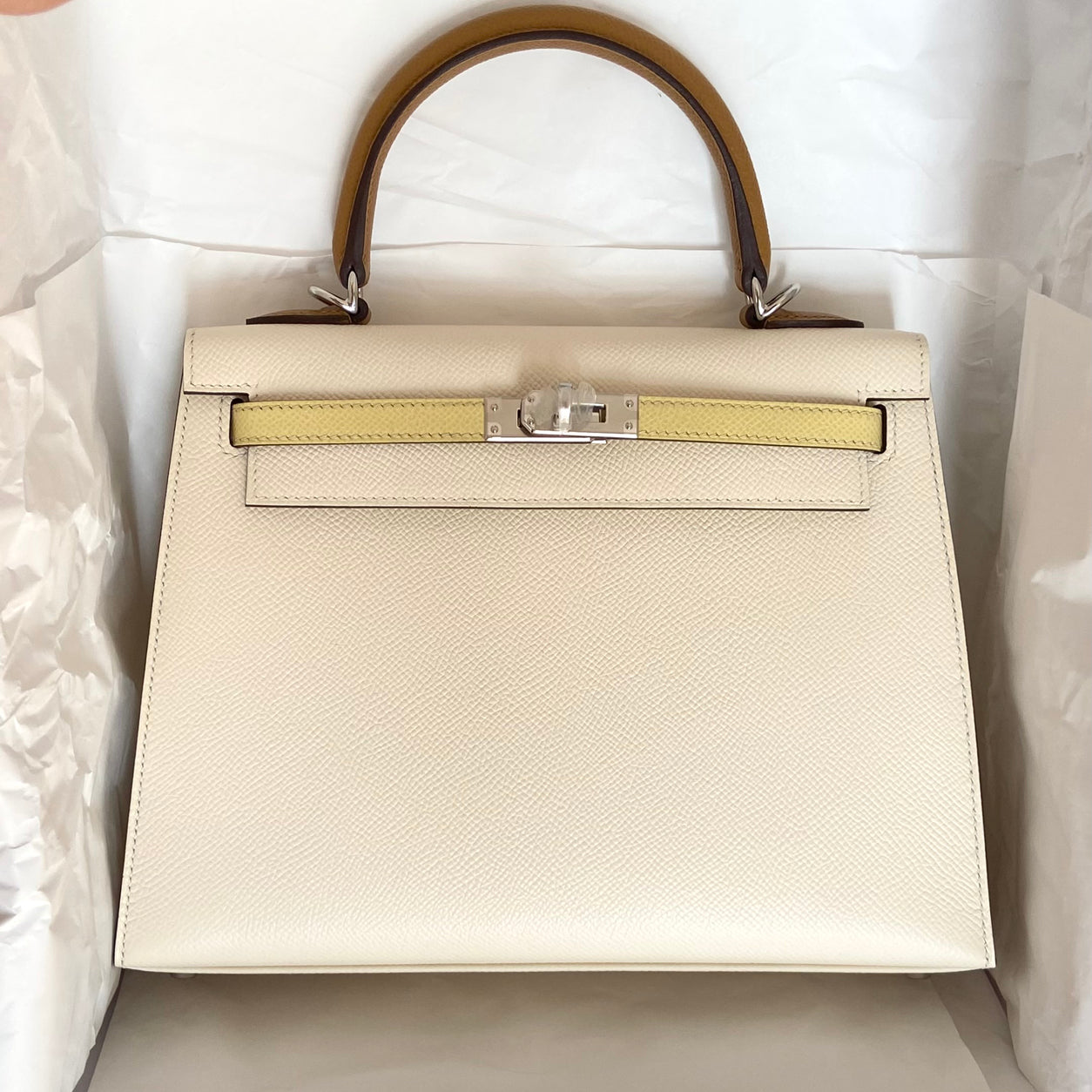 Hermes Kelly 25cm Nata/Jaune Poussin/Sesame Epsom PHW
