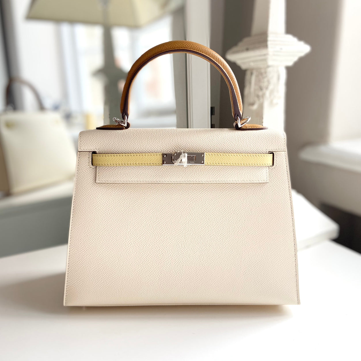 Hermes Kelly 25cm Nata/Jaune Poussin/Sesame Epsom PHW
