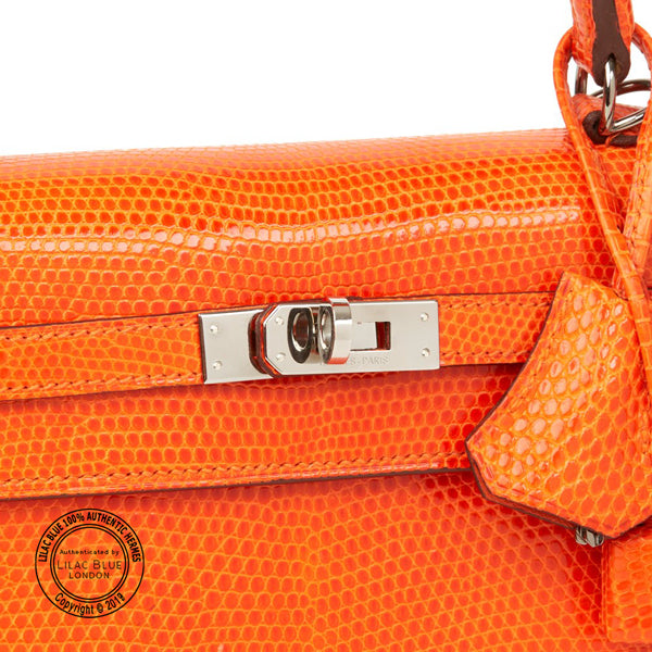Hermès Kelly 25cm Tangerine Lizard Ruthenium - Preloved