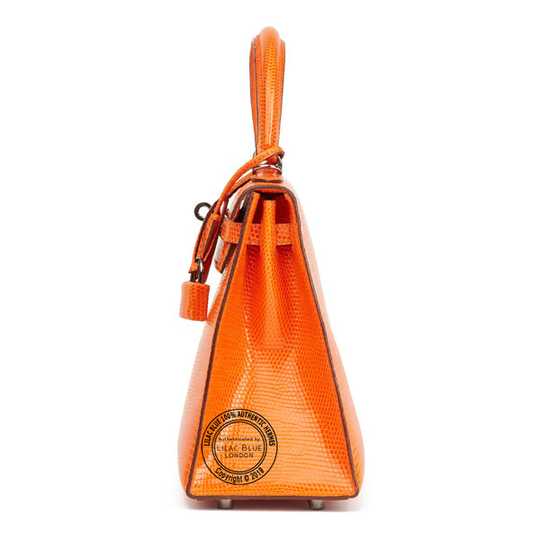 Hermès Kelly 25cm Tangerine Lizard Ruthenium - Preloved