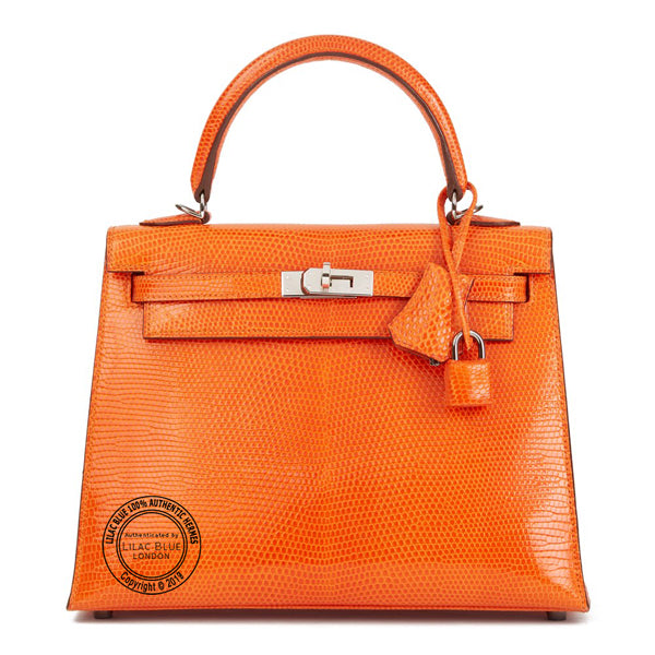 Hermès Kelly 25cm Tangerine Lizard Ruthenium - Preloved