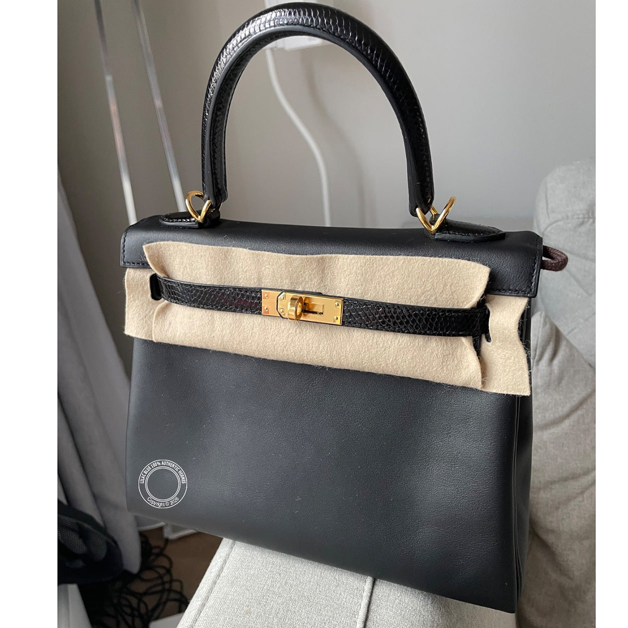 Hermès Kelly 25cm Black Touch Swift/Lizard GHW