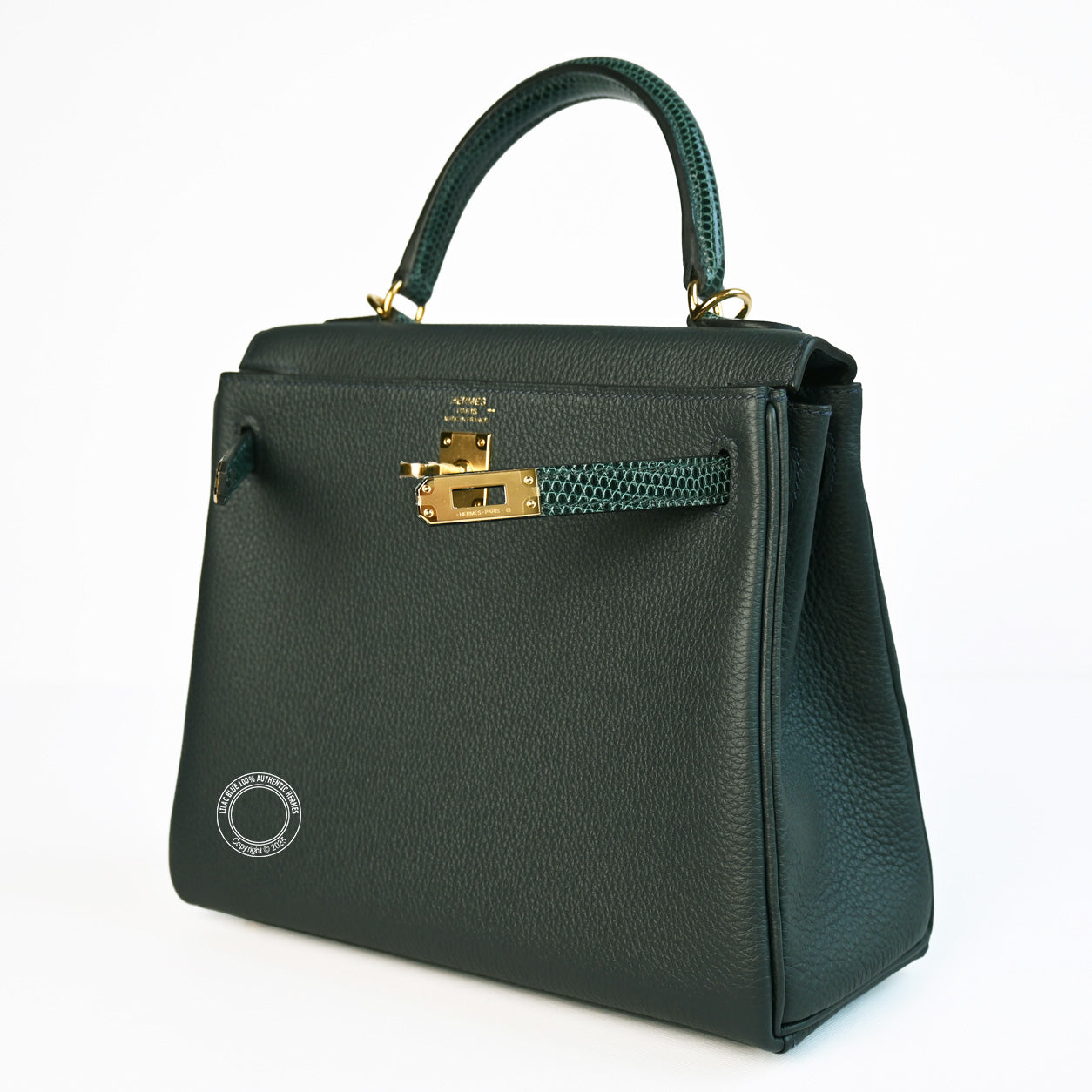 Hermes Kelly 25cm Vert Cypress/Vert Rousseau Touch Togo/Lizard GHW