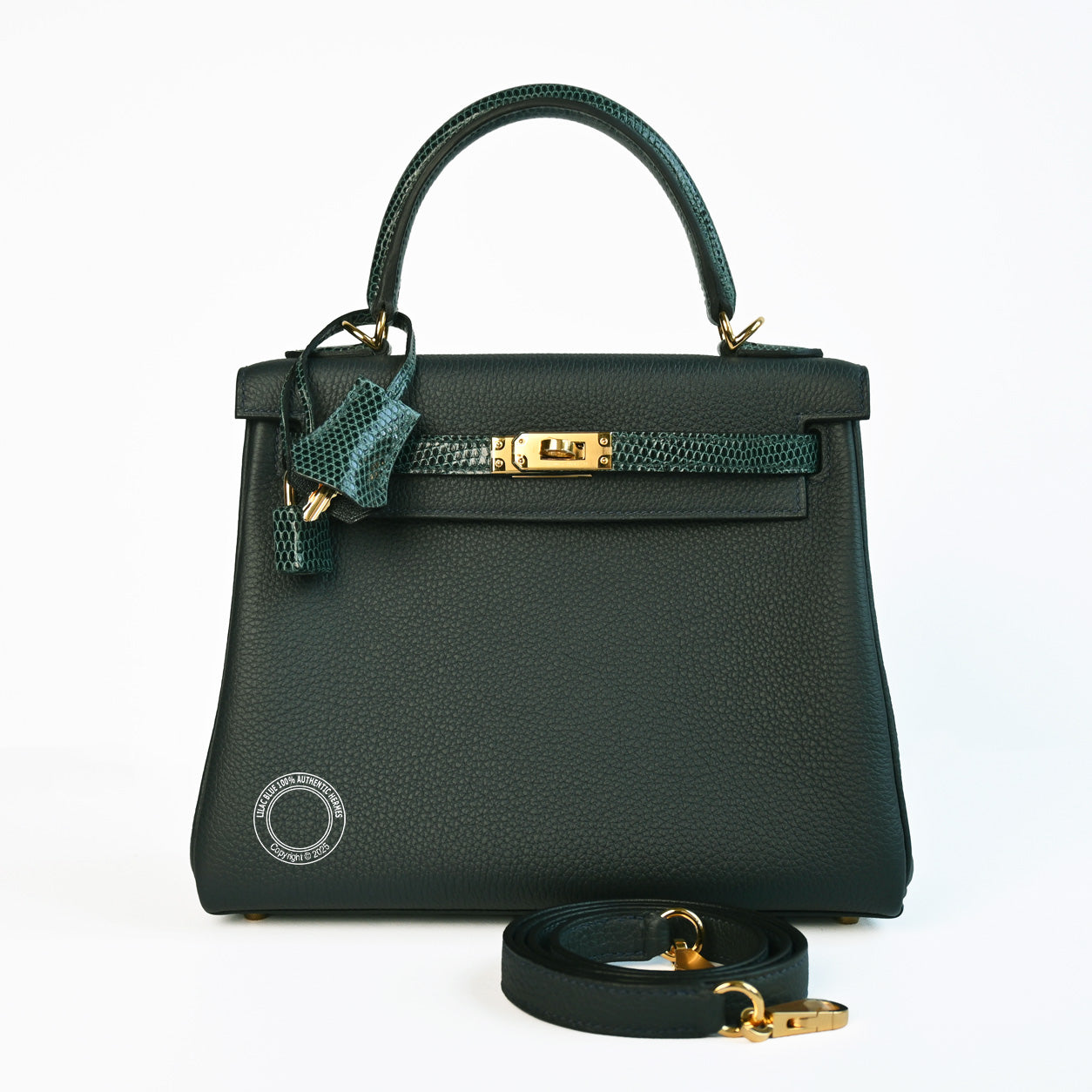 Hermes Kelly 25cm Vert Cypress/Vert Rousseau Touch Togo/Lizard GHW