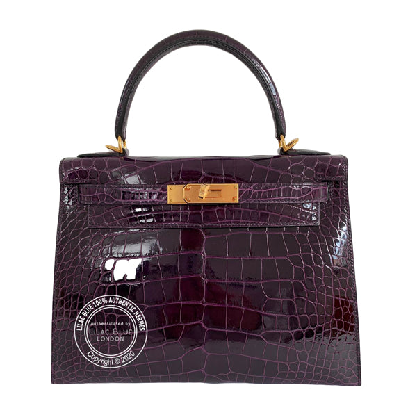 Hermès Kelly 28cm Aubergine Shiny Croc GHW