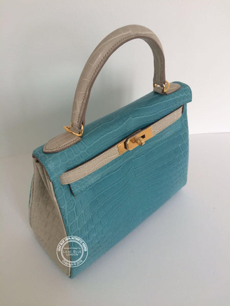 Hermès Kelly 28cm Beton/Bleu St Cyr HSS Matte Croc GHW