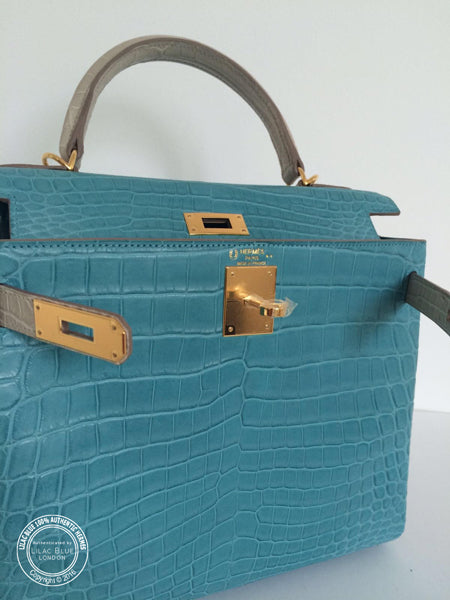 Hermès Kelly 28cm Beton/Bleu St Cyr HSS Matte Croc GHW